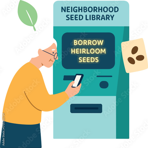 Elder scanning a neighborhood seed library ATM to borrow heirloom seeds Illustration