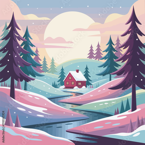 Red cabin in a snowy winter landscape with a large sun and pink hues vector illustration
