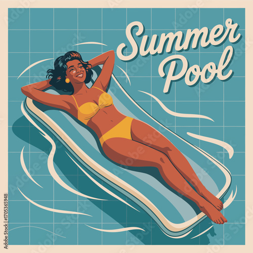 Retro woman in yellow bikini relaxing on inflatable pool float vector illustration