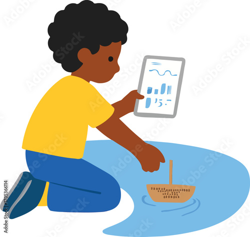 Kid launching a tiny biodegradable sensor boat into a canal and watching live data Illustration