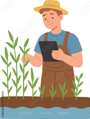 Farmer student demonstrating a floating wetland cell and scanning plant health Illustration