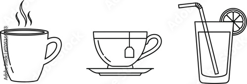 Three beverage icons a cup of coffee, a cup of tea, and a glass of juice with a straw