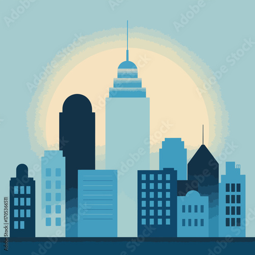 Stylized cityscape with tall buildings and a hazy sun in the background skyline skyscrapers