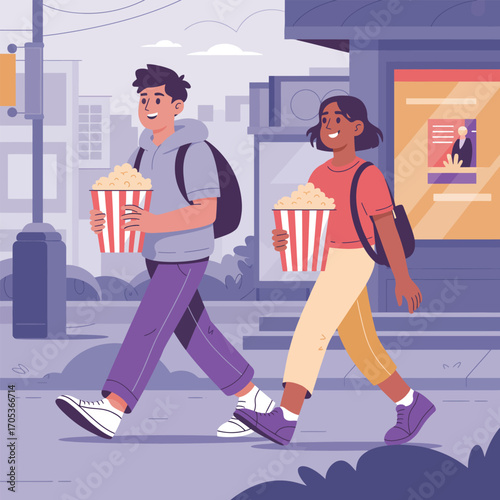Two friends walking down a city street with popcorn buckets vector illustration