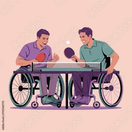 Two men in wheelchairs playing table tennis with a ping pong ball and paddles sport