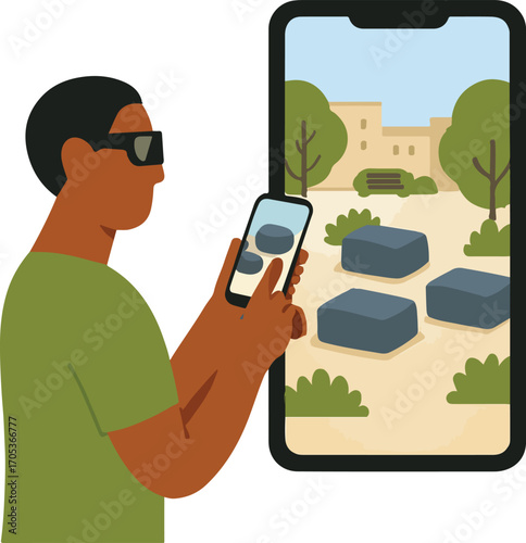 Local using AR to place absorbent sponge modules in a neighborhood plaza Illustration