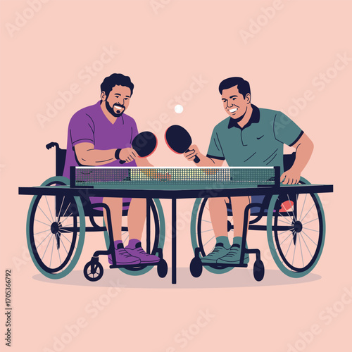 Two men in wheelchairs playing ping pong with rackets and ball table tennis sport