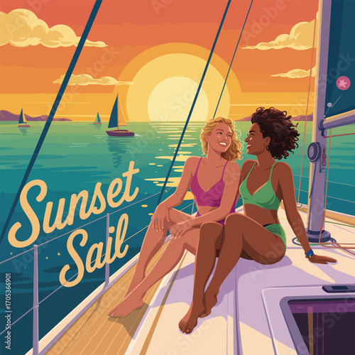 Two smiling women in bikinis enjoying a sunset sail on a yacht sailing ocean