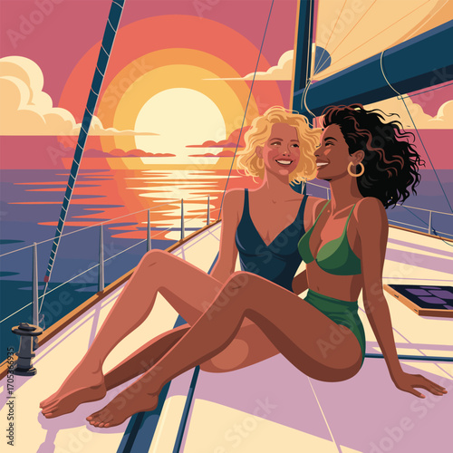 Two women in bikinis on a sailboat enjoying a colorful sunset friends yacht