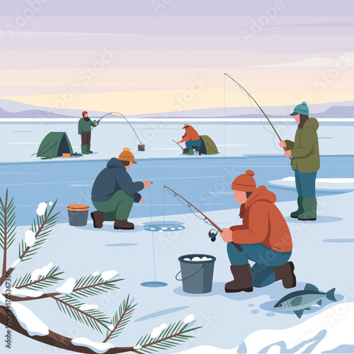 Winter ice fishing scene with people catching fish near tents Keywords: ice fishing, winter