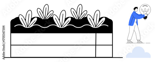 Man holding lightbulb near a garden bed with sprouting plants symbolizing renewable energy, growth, eco-innovation, green energy, sustainability, creativity, inspiration, and environmental solutions