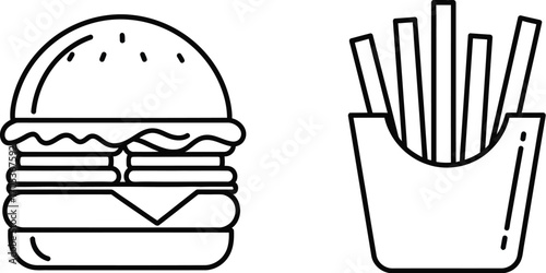 Fast food combo with hamburger and french fries in outline style