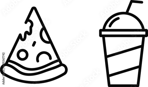 A simple line art illustration of a slice of pizza with a cup of soda
