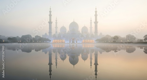 Sheikh Zayed Mosque reflected in water during a foggy sunrise.