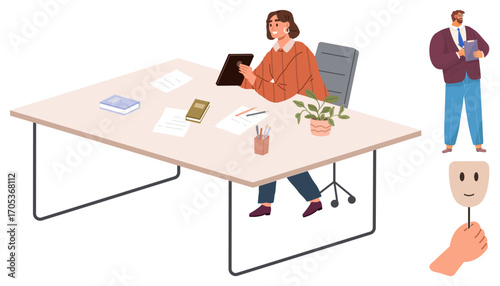 Woman working at a desk with stationery, documents, and a plant distant man holding a clipboard hand holding a mask. Ideal for identity, creativity, leadership, office culture, individuality