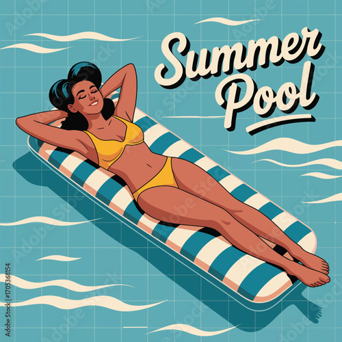Woman in yellow bikini lounging on striped float in summer pool vector illustration