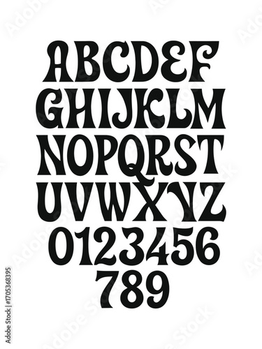 Classic alphabet and numbers typography set featuring a unique decorative font style for diverse design projects and creative applications