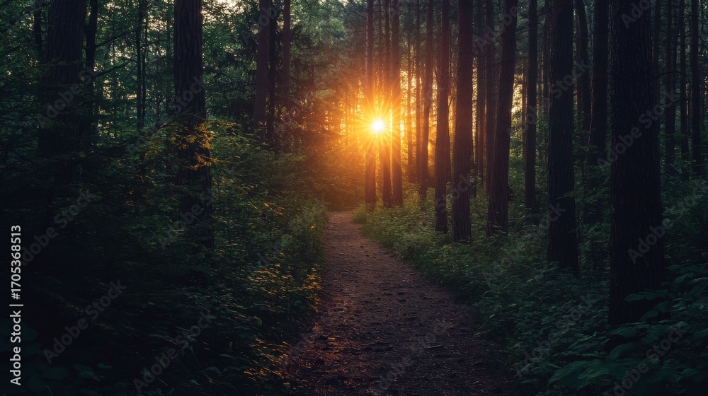 Obraz premium A narrow path through a dense forest with the sun shining through the trees.