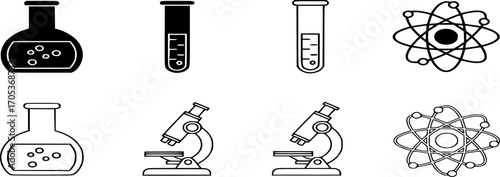 Science and Laboratory Icon Set. Chemistry and microbiology lab research, glassware, beakers, test tube, icons vector