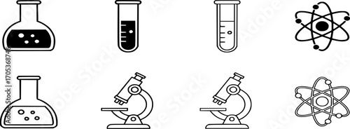 Science and Laboratory Icon Set. Chemistry and microbiology lab research, glassware, beakers, test tube, icons vector
