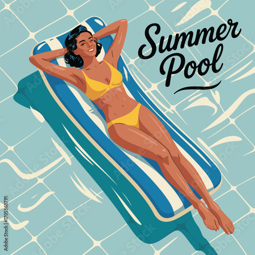Woman in yellow bikini relaxing on inflatable pool float in summer Keywords: woman, bikini