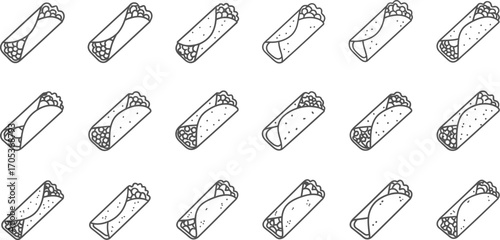 Seamless pattern of hand-drawn burrito monochrome vector illustration of mexican food