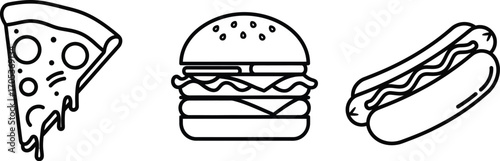 Pizza slice, burger, and hot dog icons representing fast food options in a simple line drawing