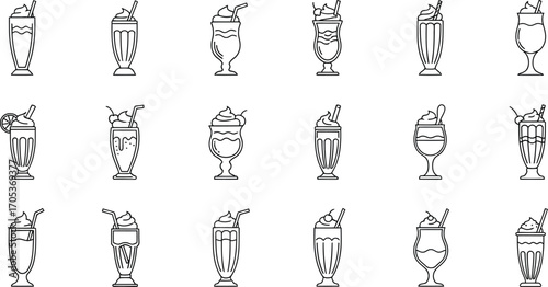 Set of different milkshake with different flavors and toppings