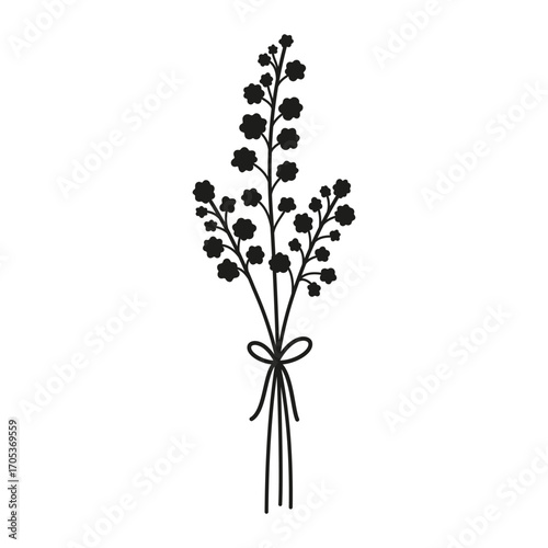 Floral bunch, silhouette in black color on white background. Bouquet of delicate wildflowers tied with ribbons. Vector illustration for design projects
