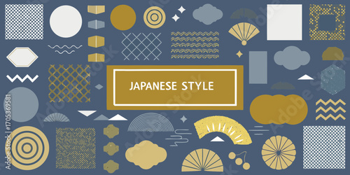 Collection of japanese style geometric shapes and patterns in a muted color palette