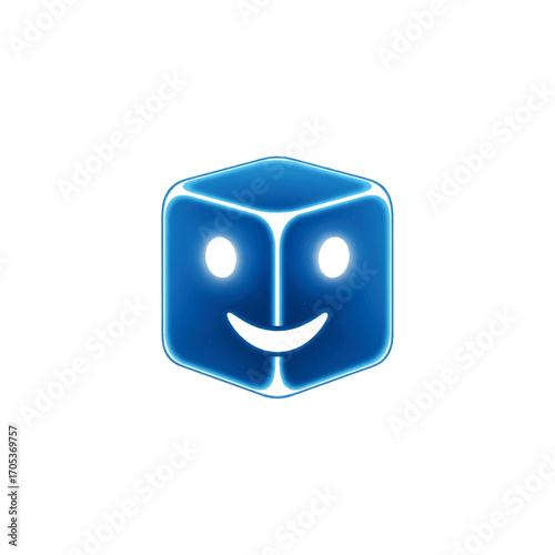 3D vector icon, abstract cube-shaped smiley emoji, futuristic style