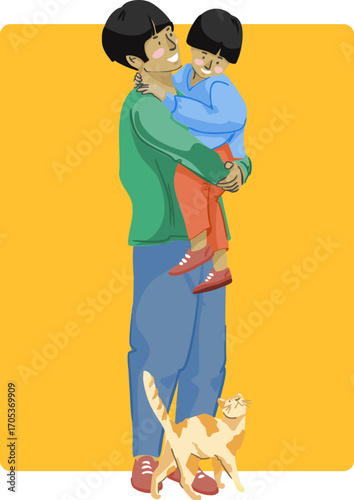 A brother is holding his sister in his arms. Vector illustration.