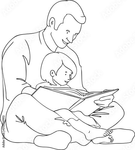 A father and daughter are reading a book together. Vector illustration. Black and white illustration.