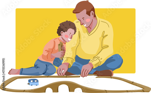 A dad is playing with his son with a toy train on the floor. Vector illustration.