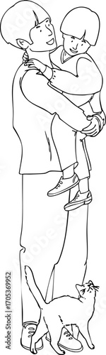 A brother is holding his sister in his arms. Vector illustration. Black and white illustration.