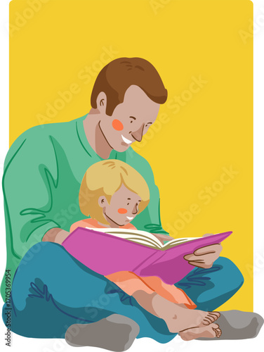 A father and daughter are reading a book together. Vector illustration.