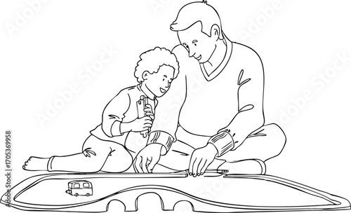 A dad is playing with his son with a toy train on the floor. Vector illustration. Black and white illustration.