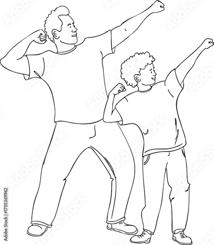 A father and son are standing in bodybuilder poses. Vector illustration.