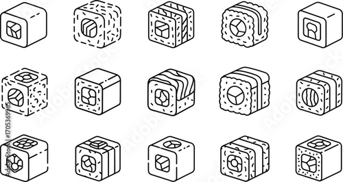 Isometric sushi roll icon set, japanese cuisine, traditional food