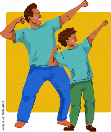 A father and son are standing in bodybuilder poses. Vector illustration.