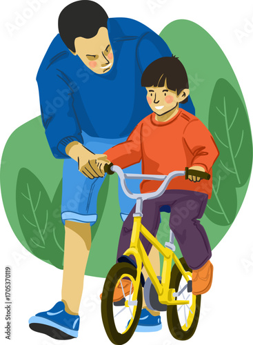 A father is teaching his grandson how to ride a bicycle.