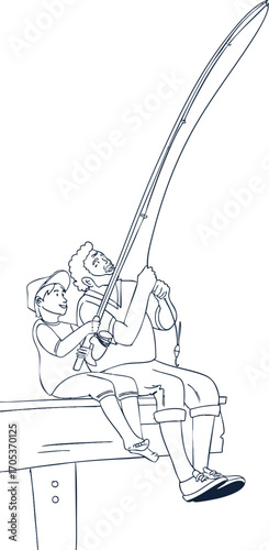 A grandfather and his grandson are fishing. Vector illustration.