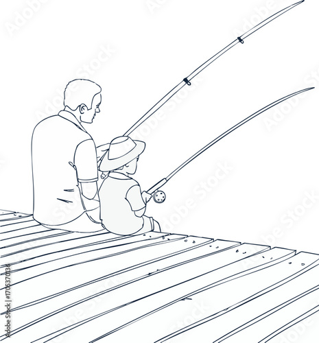A grandfather and his grandson are fishing. Vector illustration.