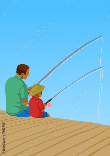 A grandfather and his grandson are fishing. Vector illustration.