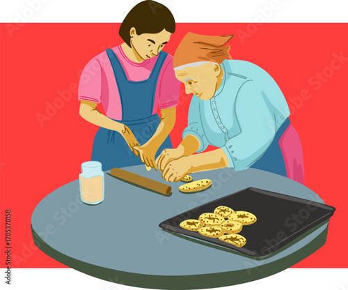A grandmother and granddaughter are doing cookies together. Vector illustration.