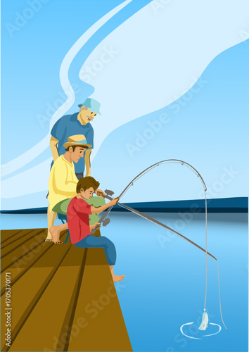 A grandfather, his son, and his grandson are fishing on a pier. Vector illustration.