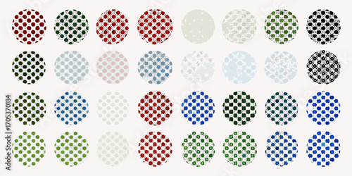 Collection of circular patterns with dots and grid designs in various colors and textures