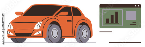 Orange car alongside an analytical dashboard displaying bar charts and graphical data. Ideal for innovation, technology, transportation, mobility solutions, data analysis, automotive trends, energy