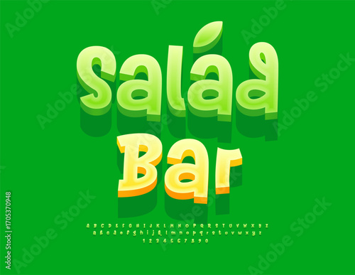 Vector Vegan label Salad Bar. Eco Green 3D Font. Trendy Artistic set of Alphabet Letters and Numbers