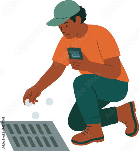 Scientist citizen deploying micro-filtration discs into storm drains and mapping flow Illustration